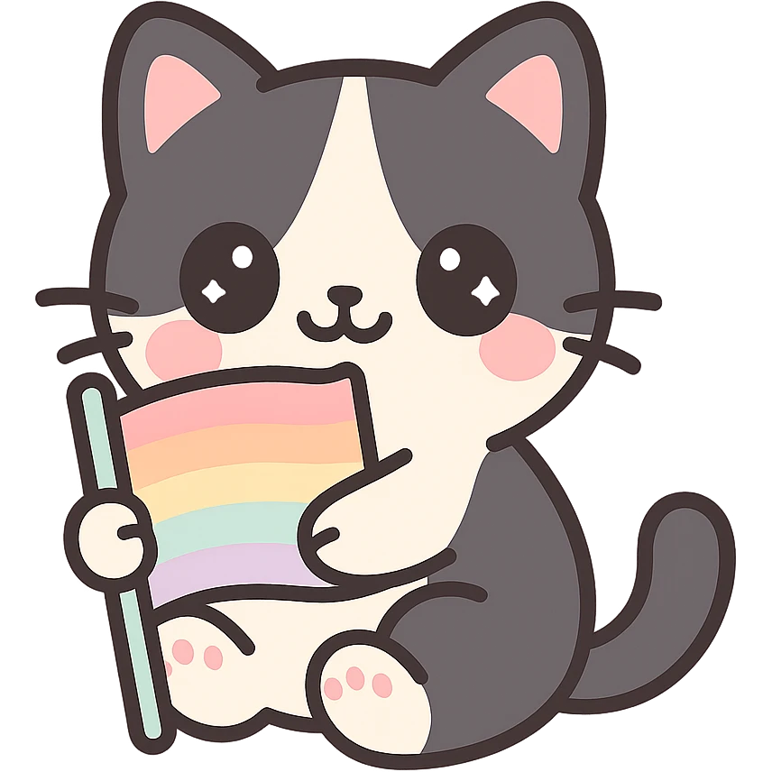black and white cat hugging an LGBT flag, kawaii style emoji