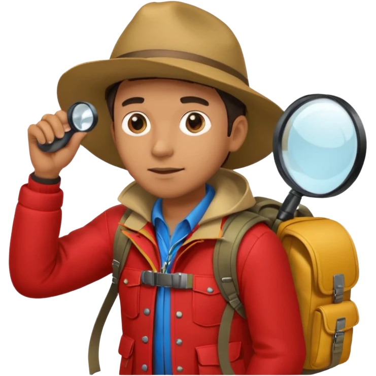 Explorer man with red jacket backpack and magnifying glass emoji