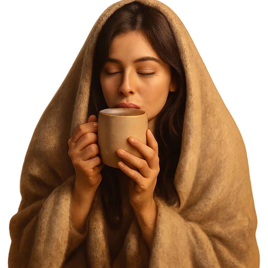 girl brunette inside a blanket sipping coffee, eyes closed, cozy and warm atmosphere, variation 3 emoji