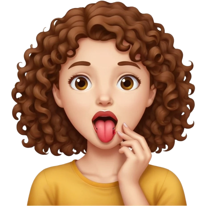 a girl with brown curly hair holding her neck with her mouth open and tongue out emoji
