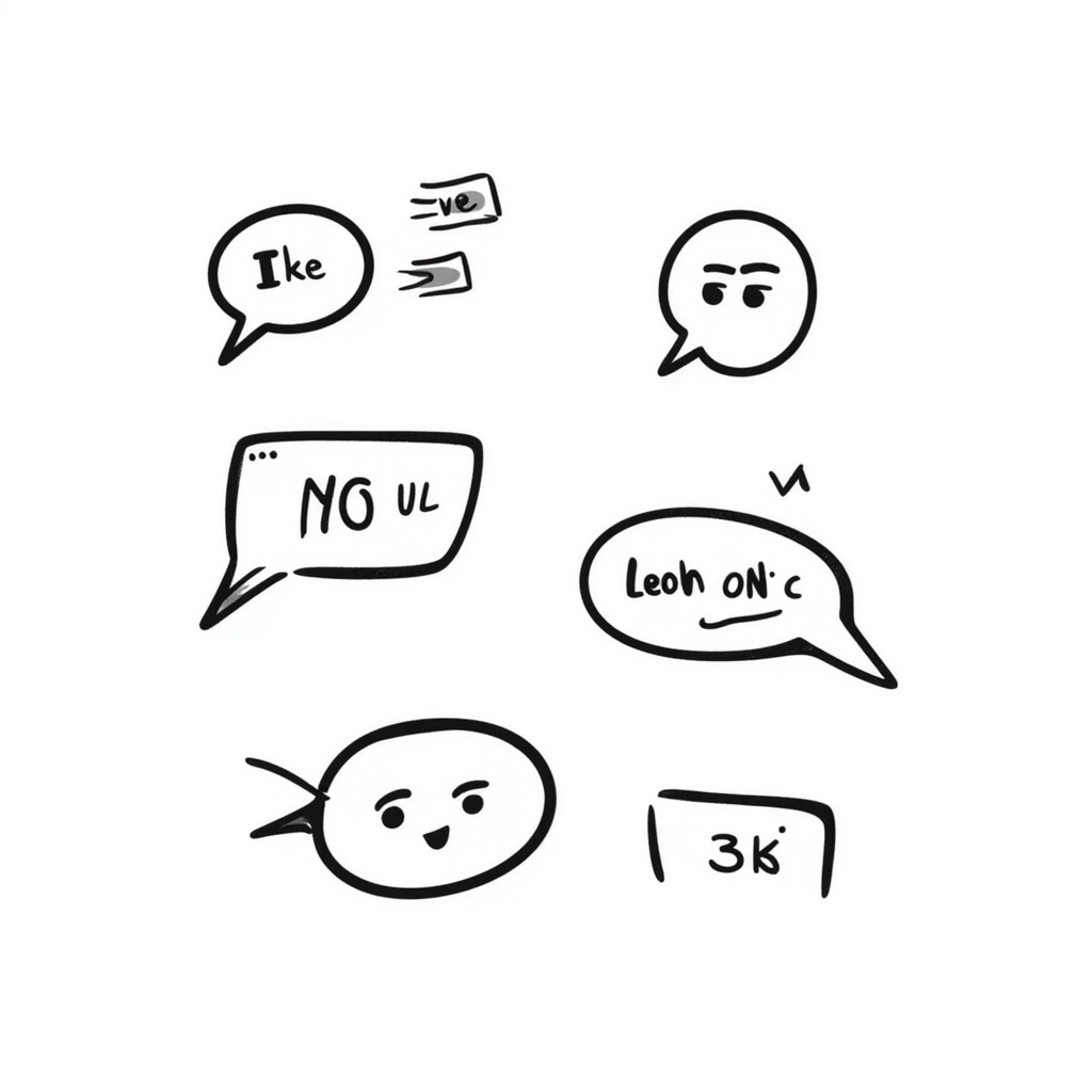 notion doodle style online forum with hand-drawn chat bubbles and user icons emoji