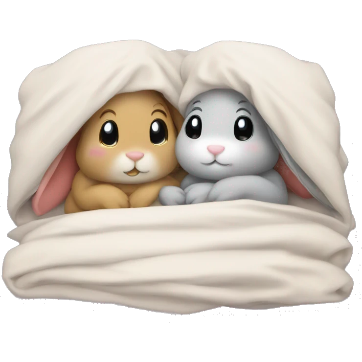 Two bunnies snuggling in bed under blanket while watching a movie emoji