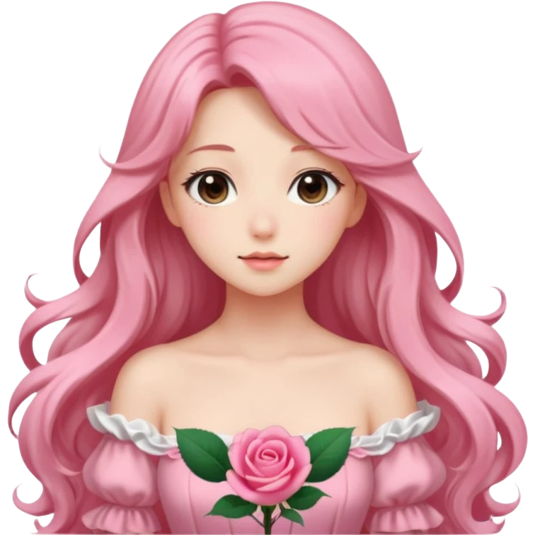 Gorgeous pastel anime lady with long hair and pink rose dress emoji
