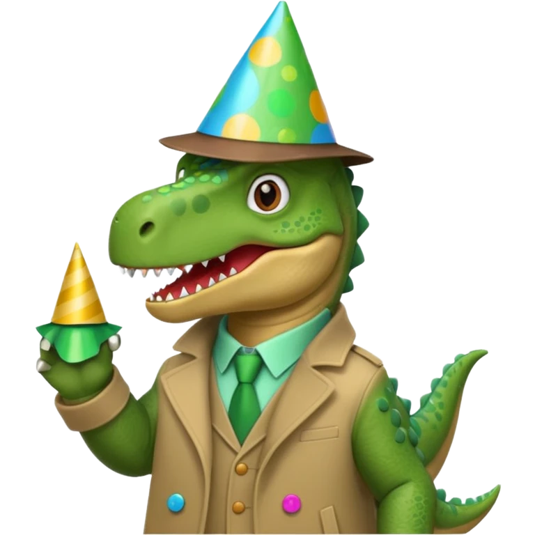 Dinosaur wearing a party hat with a coat on  emoji