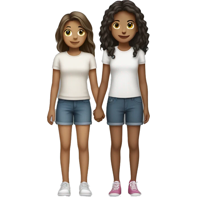 Two girls holding hands one short one tall, tall girl has long hair short girl has short hair emoji