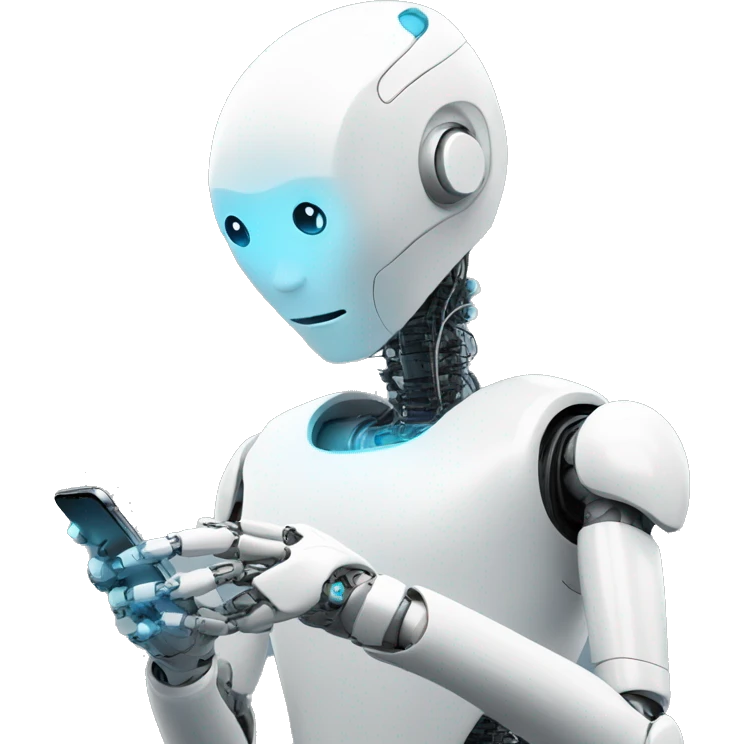 a humanoid robot looking at his iphone emoji
