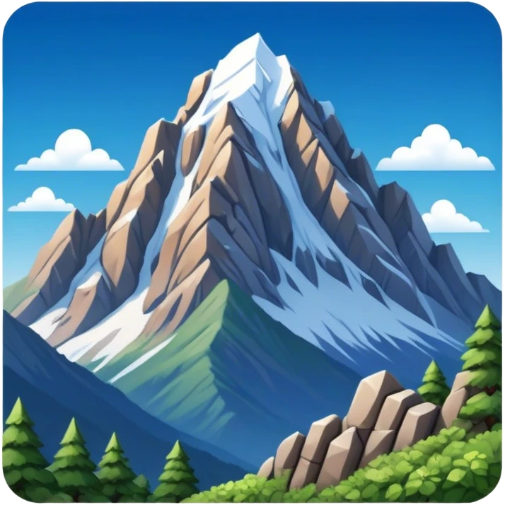 Cinematic Realistic Mountain Emoji, Majestic and towering, with craggy, snow-capped peaks rising sharply against a deep blue sky. The rugged terrain is dotted with rocky outcrops and patches of greenery, with clouds swirling around the higher reaches. Soft glowing outline, capturing the essence of ancient strength and natural beauty in a towering mountain! emoji