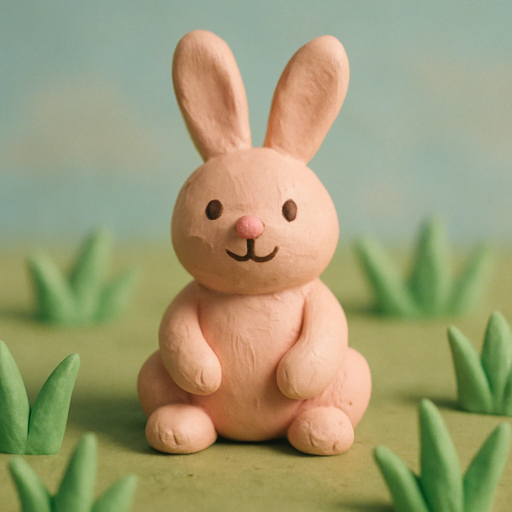 rabbit sitting in grass, pastel colors, visible fingerprints, cute and playful, claymation style emoji