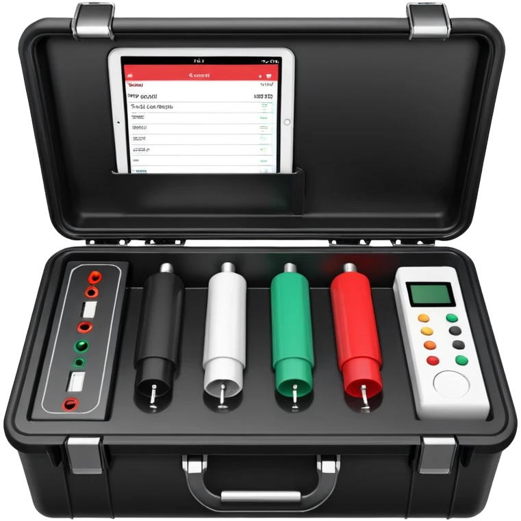 An open black hard-shell test case, inside: technical control panel, a power outlet, USB port, and colored test sockets. A large roll of white test labels lies next to the equipment, along with one red test probe. emoji
