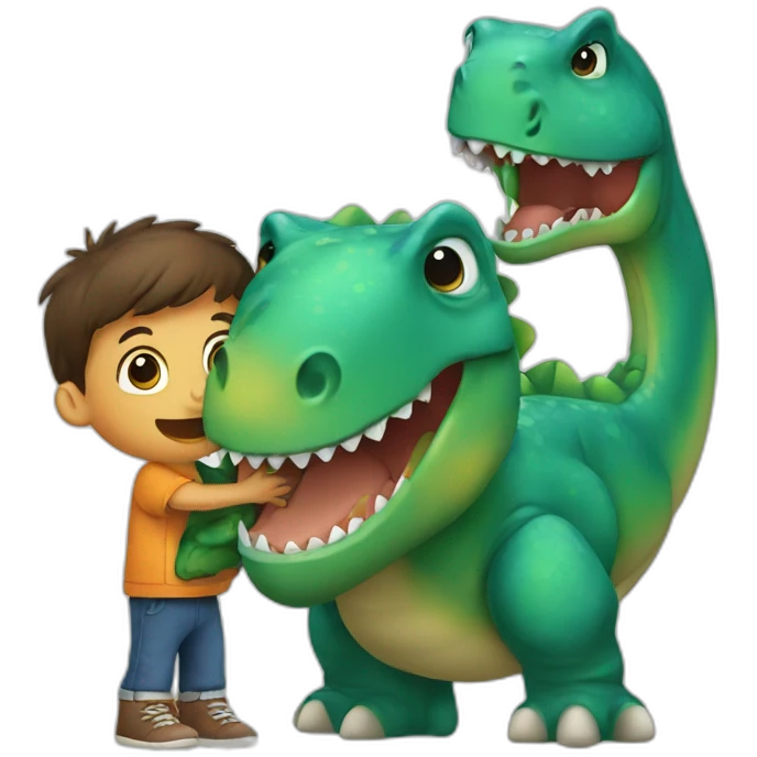 Kid hugging a dinosaur emoji