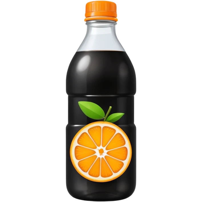 Create a drink in a plastic bottle with a black liquid named Kofola and orange emoji