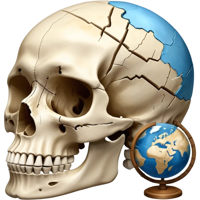 An icon featuring a human skull and fossilized bones, symbolizing the study of anthropology. The design includes archaeological tools like a pickaxe and brush, with a background of ancient artifacts and a globe. Transparent background emphasizes the exploration of human history and evolution. emoji