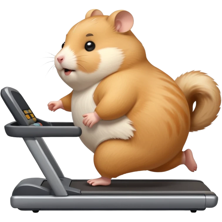 fat hamster big belly trying to run on treadmill sideways desperately trying to catch up with speed emoji