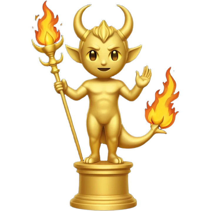 Minimalist emoji-style sticker of a full-body Oscar-like statue, completely gold, with small devil horns on the head and a pointed tail subtly wrapping around the leg. The statue stands on a dark pedestal surrounded by faint fire or smoke.  emoji