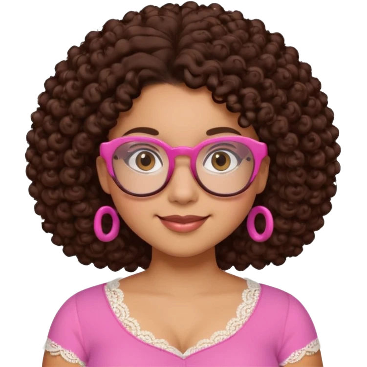 medium-light kinned afro-latina girl with medium length chocolate brown side part curly hair, brown glasses, brown eyes, pink sweetheart necklined top with lace, round wide-ish nose, chubby oblong face emoji