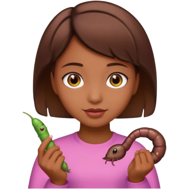 a girl with brown eyes, brown short hair and a worm emoji