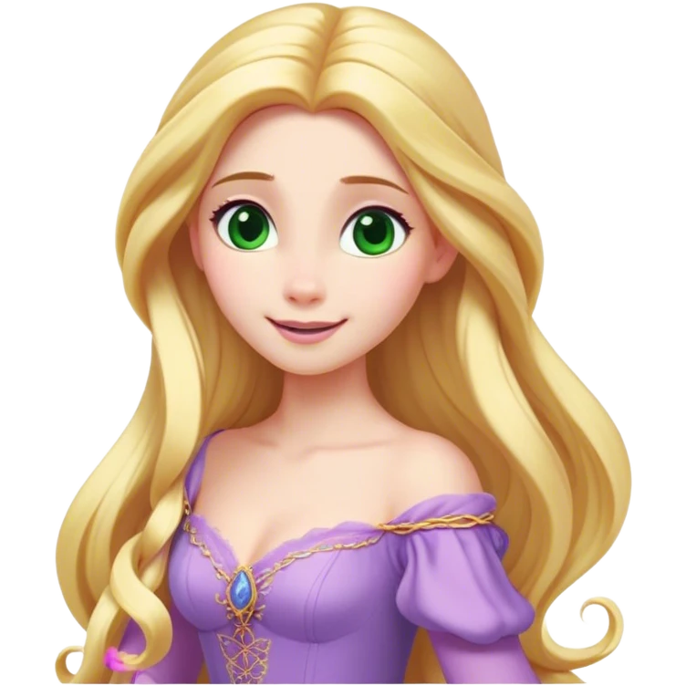 Cinematic Realistic Rapunzel Portrait, with porcelain-like skin featuring a subtle, natural glow, illuminated by soft lighting that brings out the gentle contours of her face. Her long, golden blonde hair cascades in detailed waves, each strand highlighted with a radiant shimmer as it catches the light. Her bright, expressive green eyes exude curiosity and warmth, framed by delicate lashes and soft, arched brows. Her expression is playful and vibrant, with a gentle smile. She is dressed in her classic lavender and pink gown, the fabric textured with delicate folds that flow naturally, catching the light with a soft, radiant glow. The portrait captures a luminous, enchanting aura, seamlessly blending realism with a whimsical, fairytale charm, evoking a timeless sense of beauty and magic. emoji