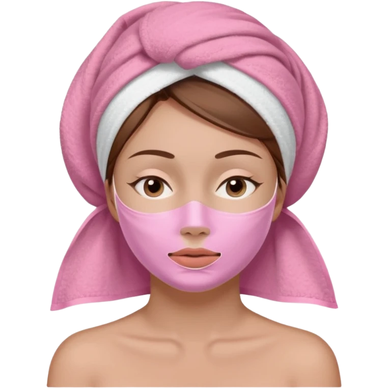 A woman with brown hair partially visible beneath a white towel wrapped around her head. Her face is covered with a pink skincare mask applied to the T-zone and cheeks. She has a calm, content expression with her eyes closed emoji