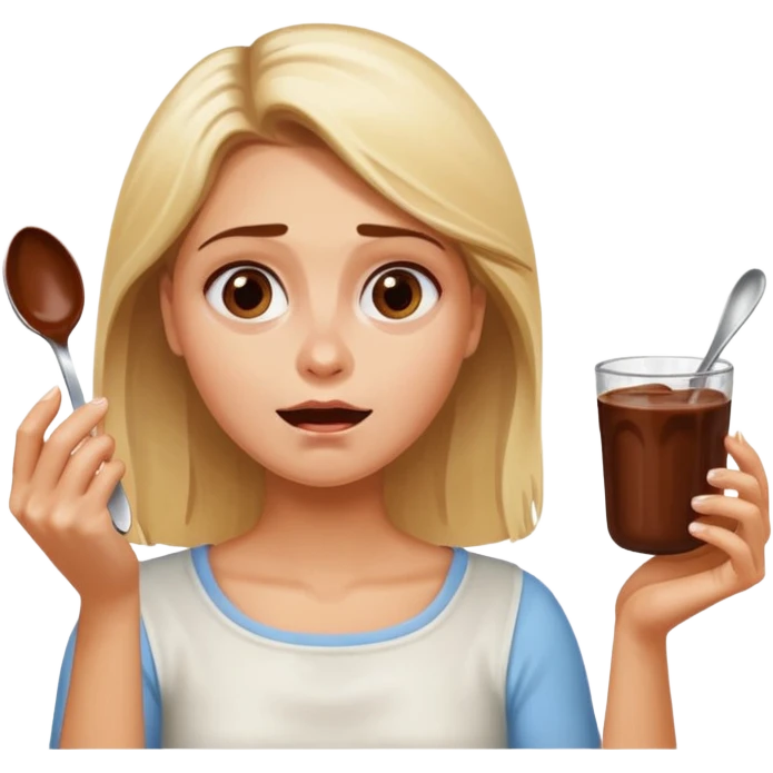 Nutella with a spoon. The glas of Nutella is almost empty . Only the one carriage of Nutella. Next to the Nutella is the head of a blond woman who is desperate to eat the Nutella  emoji