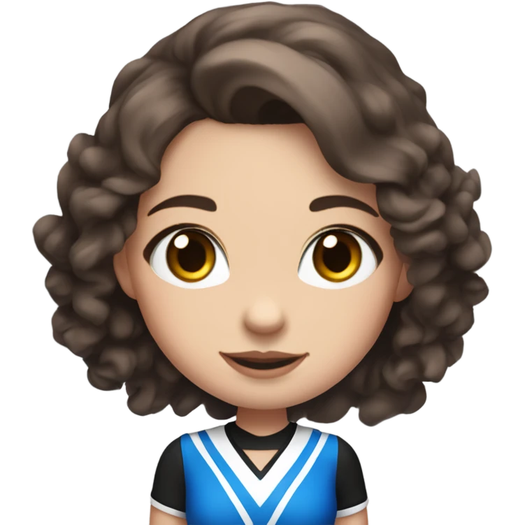 Girl with brown shoulder length hair and blue eyes in a red black and white cheer outfit with alpha written across the top  emoji