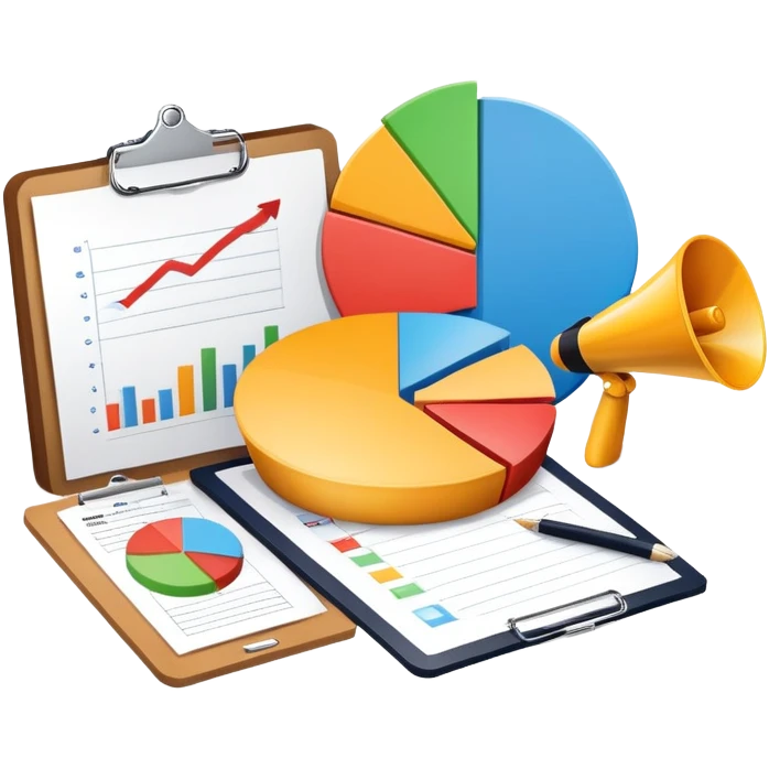 An icon featuring a pie chart, a megaphone, and a clipboard with strategy plans, symbolizing management and marketing. The design includes upward-trending graphs set against a modern office backdrop. Transparent background emphasizes business strategy and communication. emoji
