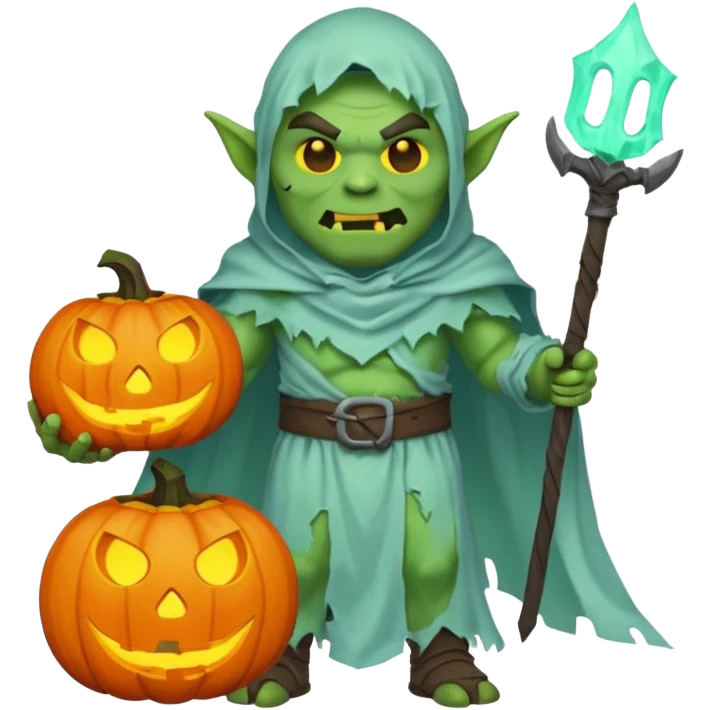 male orc warrior ghost emoji, green skin, wearing torn white ghost sheet costume, holding glowing jack-o'-lantern, faint blue aura, friendly but spooky expression, Halloween fantasy theme, Apple emoji style, clean white background, square emoji
