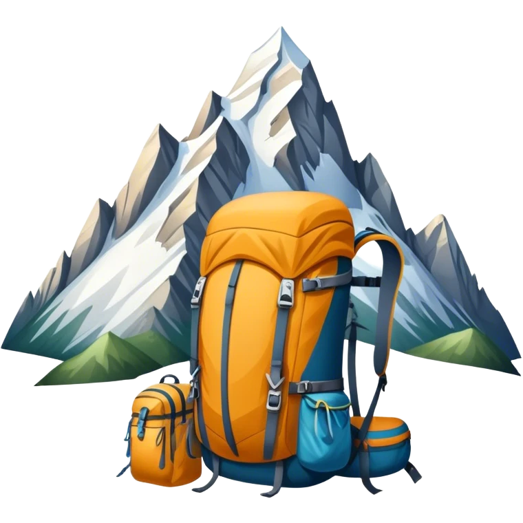 Icon for Mountain Tourism and Climbing: a mountain peak in the background, climbing gear and backpack. The icon should capture the adventure and challenge of alpine exploration. Transparent background. emoji