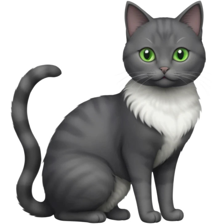 full body view of beautiful female solid dark grey cat with green eyes, grey face, white toes and white patch on chest emoji