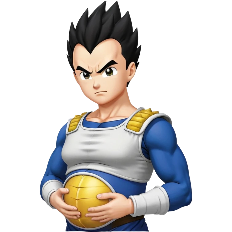 Pregnant Vegeta from Dragon Ball Z facing left with hands on his large belly, spiky black hair, serious expression emoji