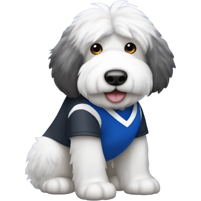 Salt and pepper Old English sheepdog wearing a dodgers shirt  emoji
