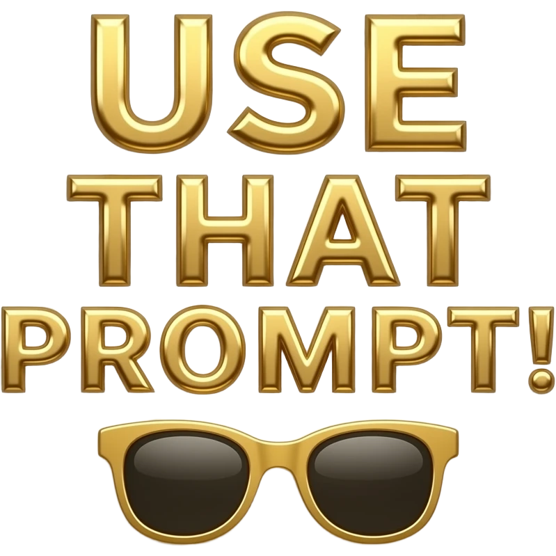 A luxurious uppercase text 'USE THAT PROMPT!' small size text and sunglasses emoji 'for generations' crafted from polished white Carrara marble with deep veins of more glowing liquid gold flowing through it. High-end jewelry aesthetic, soft studio lighting, elegant and Luxurious Marble Letter. emoji