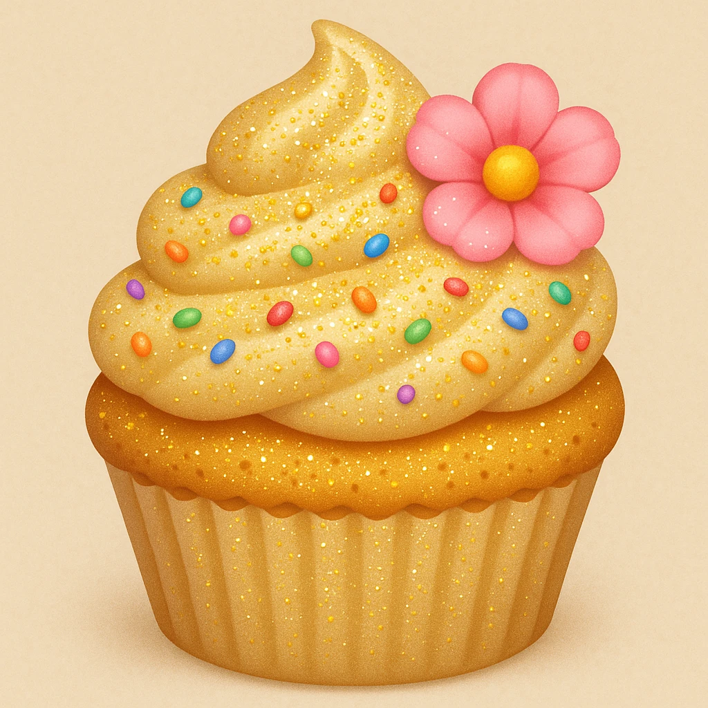 Add edible glitter and a small pink flower to the cupcake with beige frosting and rainbow sprinkles in emoji style. emoji