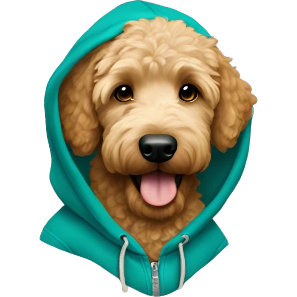 Goldendoodle wearing teal hoodie emoji