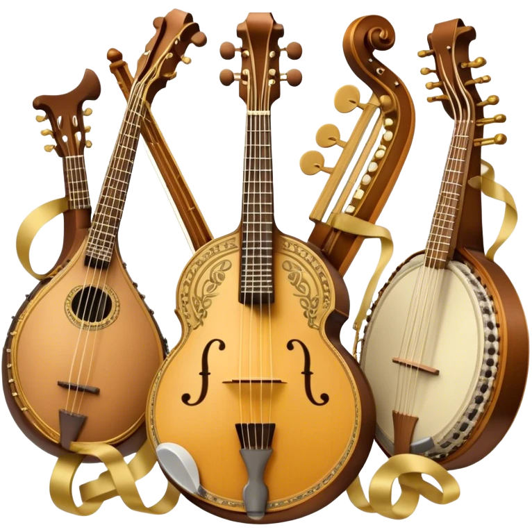 Create a grand, heraldic-style emoji collage representing plucked string instruments. The design should resemble a majestic emblem, featuring a collection of iconic instruments such as a banjo, mandolin, domra, sitar, and other plucked string instruments. Arrange the instruments symmetrically, with their necks and strings intertwining gracefully like a coat of arms. A flowing ribbon of musical notes should elegantly weave through the instruments, creating a sense of harmony and movement. The emblem should have a luxurious, golden and bronze color palette with intricate decorative elements, adding depth and a professional touch. Subtle lighting effects should highlight the polished wood and metal strings of the instruments. The background should be transparent, making the design adaptable for various uses emoji