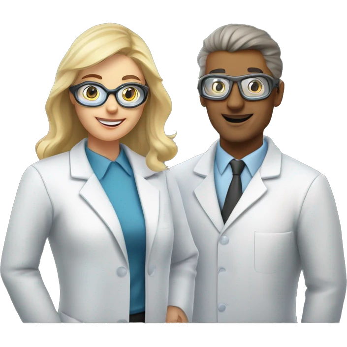3 chemistry teachers in lab coats and goggles. two ladies and one man... everyone looking serius  emoji