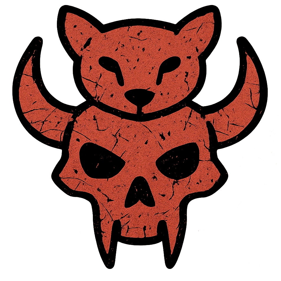 an extremely abstract and heavily worn red icon of merged stoat face and minotaur skull, with extensive scratches, eroded edges, and deliberate damage, very sparse details with most lines broken and incomplete, heavily weathered texture like ancient damaged parchment, full of scrapes and worn spots emoji