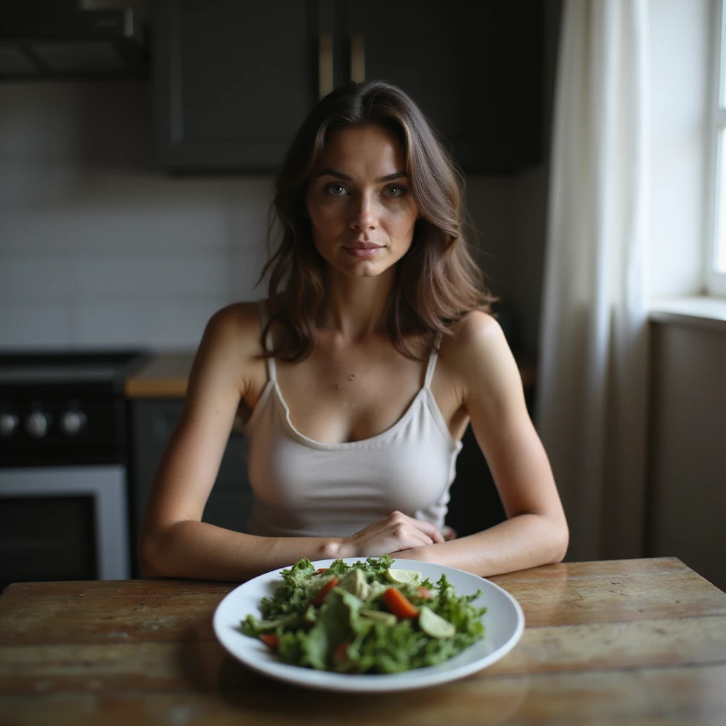 realistic style adult thin woman sitting in front of a plate with only some salad, empty gaze, kitchen environment, atmosphere of deprivation emoji