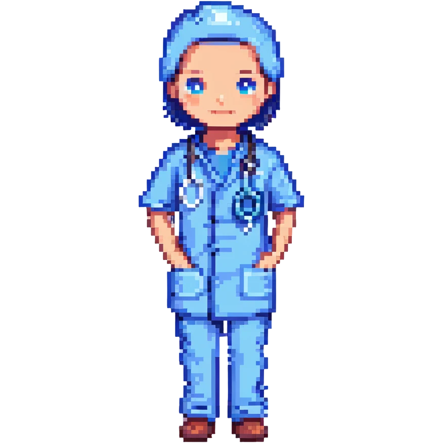 doctor in blue scrubs with stethoscope, pixel art style, simple background emoji