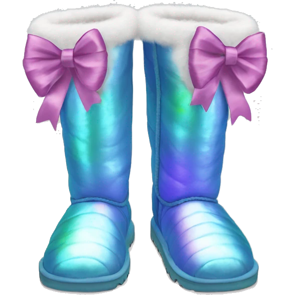Pair of iridescent Ugg fur boots with ribbon bows. emoji