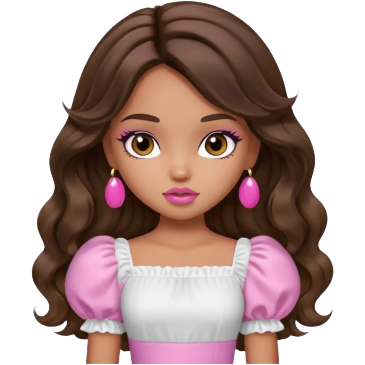 generate a pretty bratz girl with dark brown eyes in a white puff sleeve top. Pink lipgloss. Brown wavy hair long.  emoji