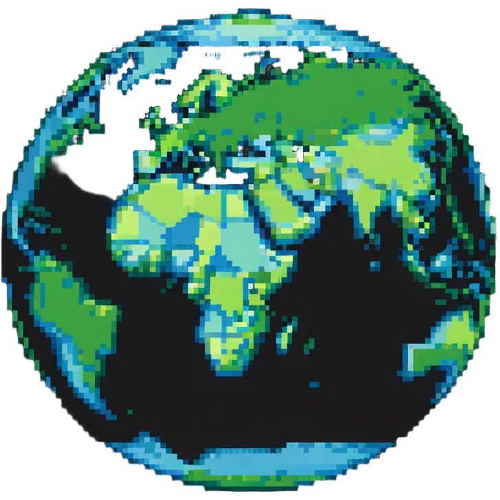 A pixelated world globe showing blue oceans and green continents emoji