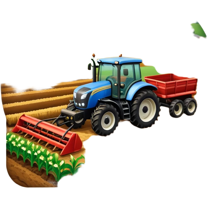 An icon representing a farming simulator, with a detailed tractor plowing fields under a bright sky with rural landscape. The design includes farming tools, crops and barns, symbolizing the immersive experience of managing a farm. Transparent background. emoji