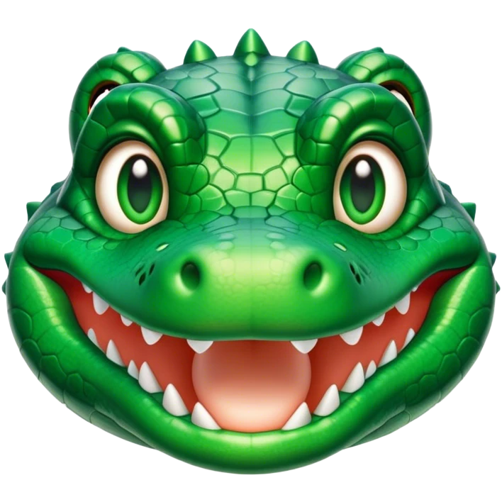 Cinematic Cute Crocodile Portrait Emoji, Head tilted playfully and inquisitively, featuring a smooth, glossy emerald-green hide with subtle textured scales and round, sparkling eyes filled with curious mischief, Simplified yet irresistibly adorable features, highly detailed, glowing with a warm, friendly glow, high shine, affectionate and surprisingly charming, stylized with a touch of wild whimsy, bright and endearing, soft glowing outline, capturing the essence of a mischievous yet lovable crocodile, so playful it feels like it could snap out of the screen into your arms! emoji