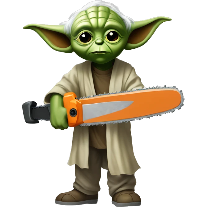 Yoda’s kid saws with a chainsaw. In a painted style emoji