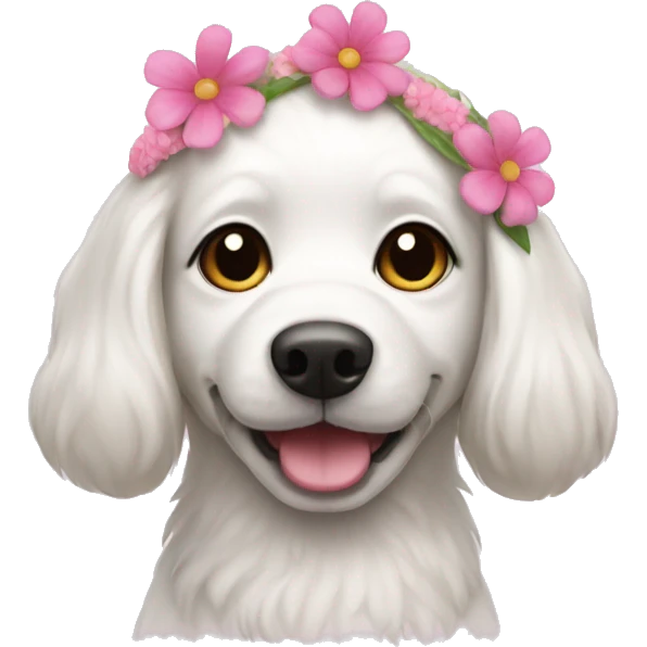 White dog with pink flower band emoji