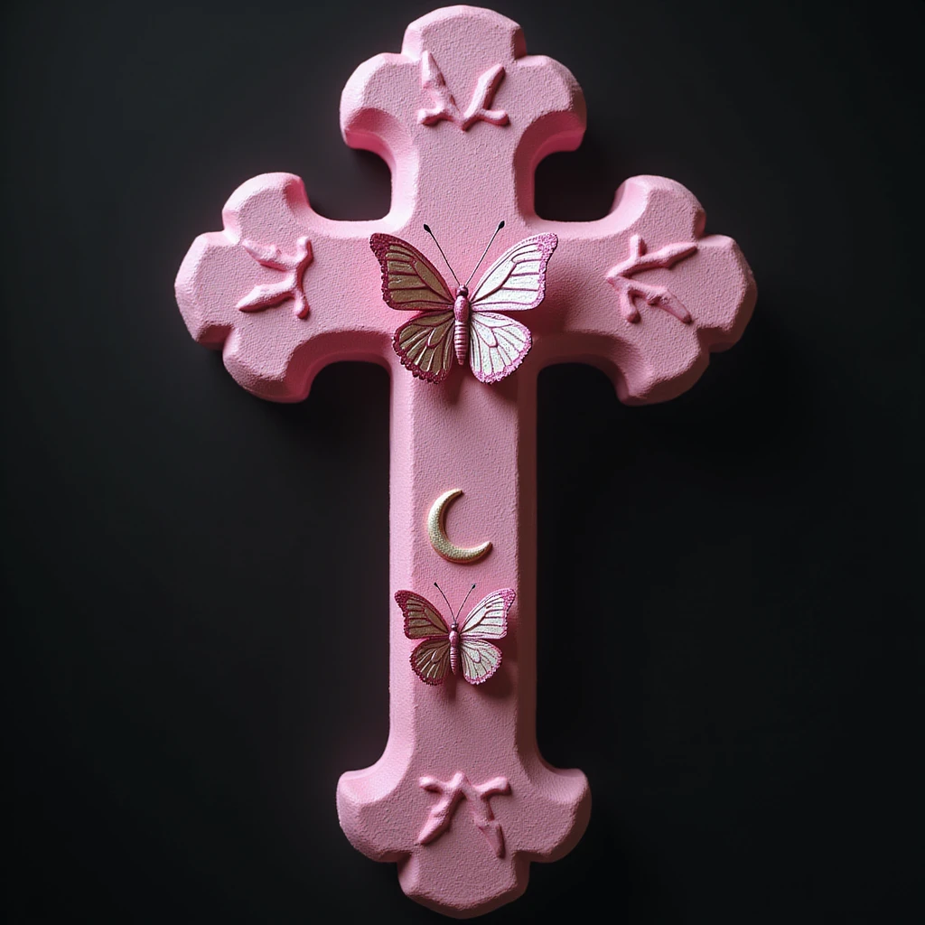 realistic gothic cross, pink with butterfly accents and a crescent moon, photorealistic style, no background emoji