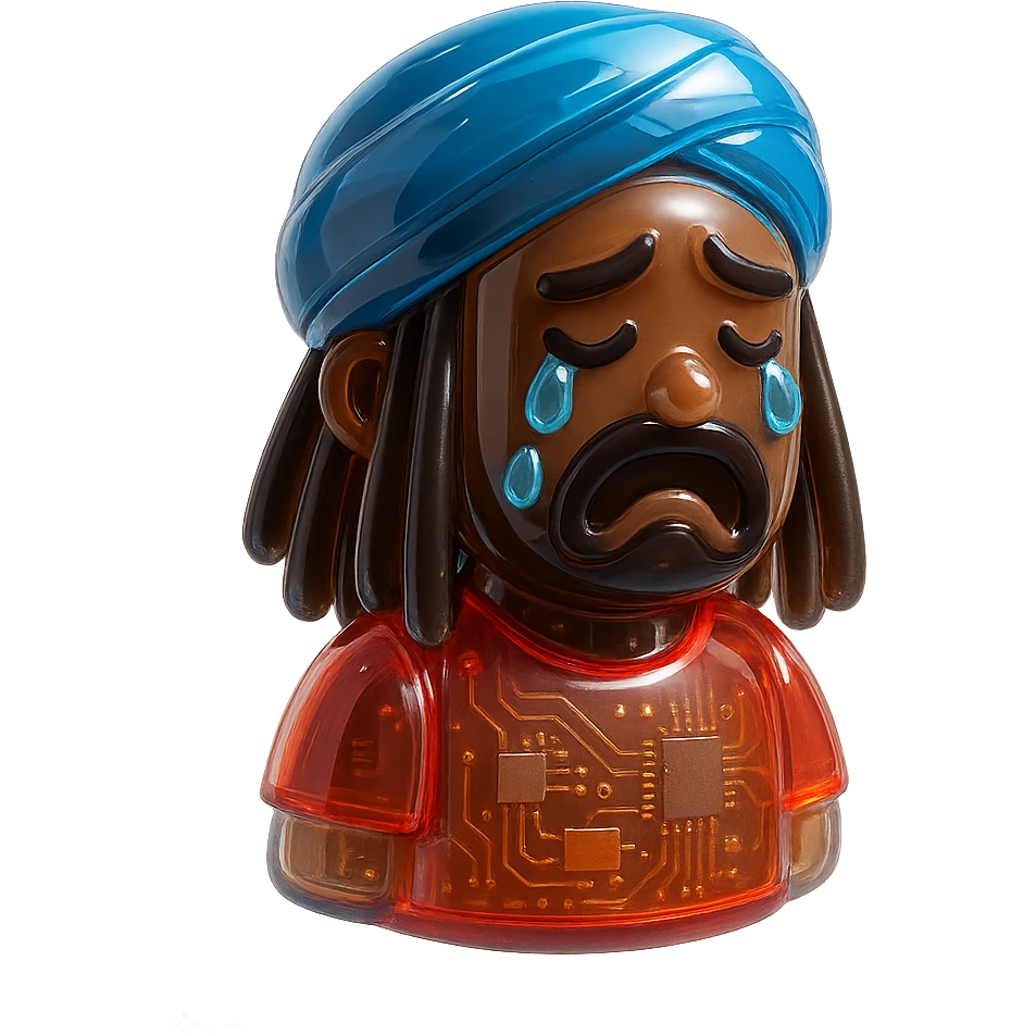 Brownskin man with long brown dreadlocks 
red t-shirt 
blue turban 
expression is crying emoji