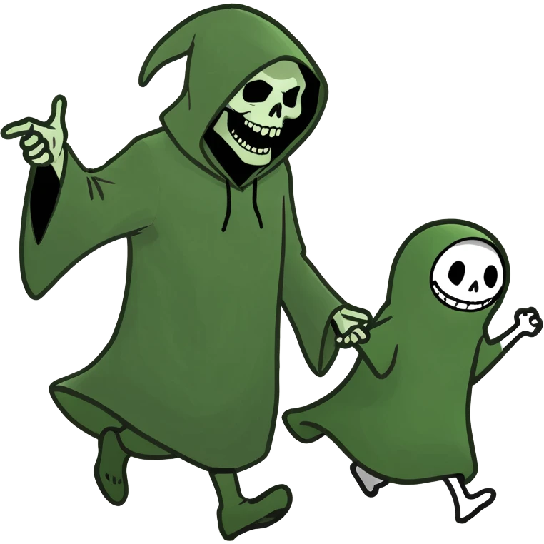 Cartoon grim reaper and cartoon ghost skipping in a meadow  emoji