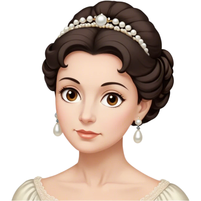 middle old lady with dark brown hair, styled in an elegant Regency-era updo, Soft brown eyes, kind but firm gaze, Wears delicate pearl earrings, emoji