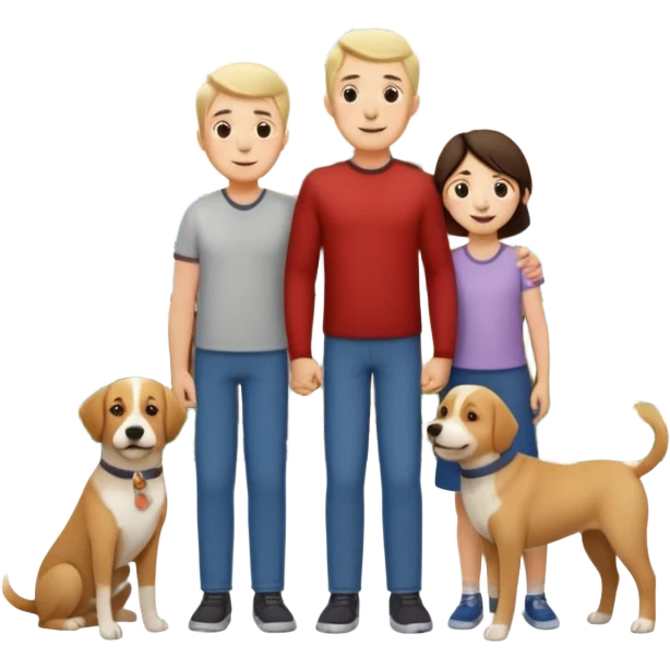 1 Father 1 Mother and 1 young boy who is half as tall as the parents, standing in front of their house with a dog next to them. Everyone should look VERY happy. There MUST be a house behind them with trees and plants emoji